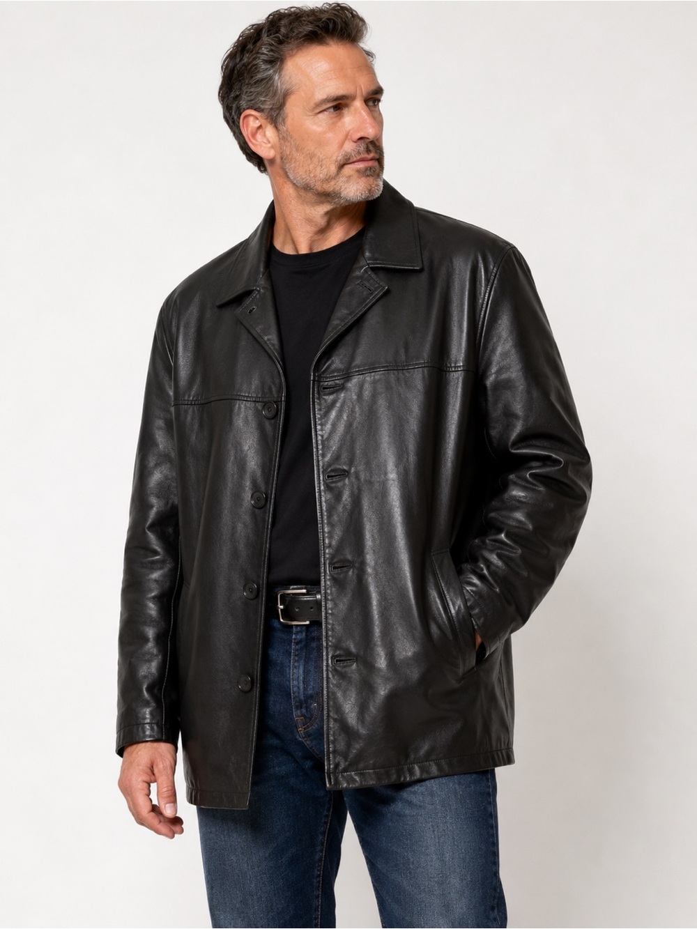 Vintage Wilsons Pelle Studio Black Leather Car Coat XL Genuine Leather